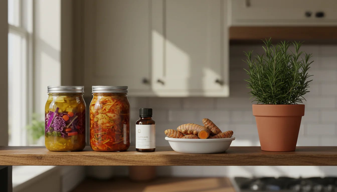 Kitchen shelf with fermented foods, turmeric, and herbs in organized arrangement