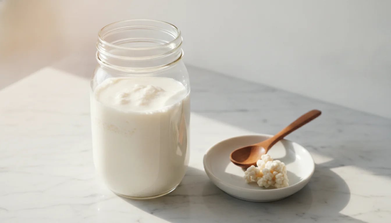 Glass jar of fresh kefir with kefir grains on marble surface