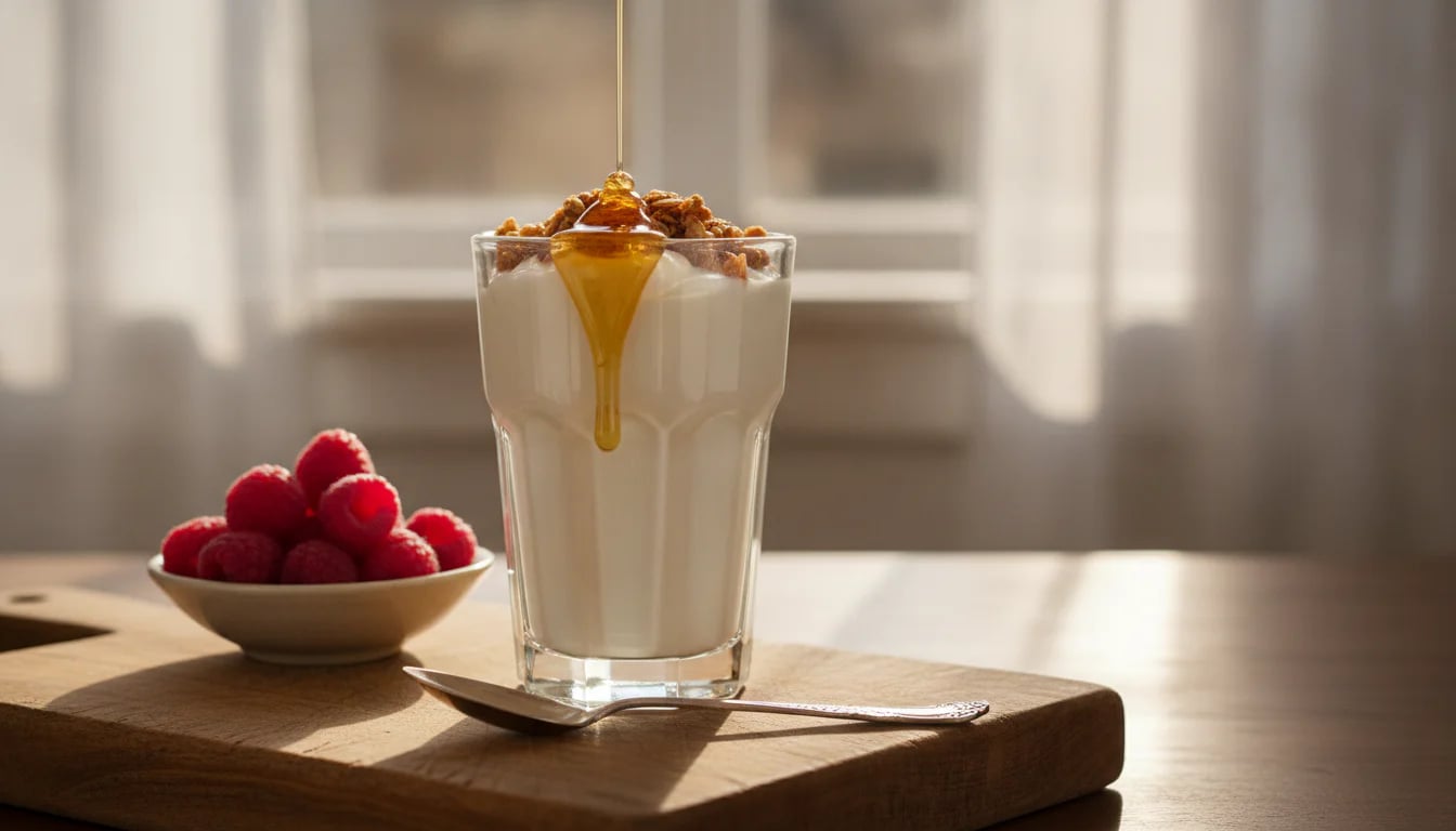 Greek yogurt with honey and raspberries on wooden cutting board in natural light