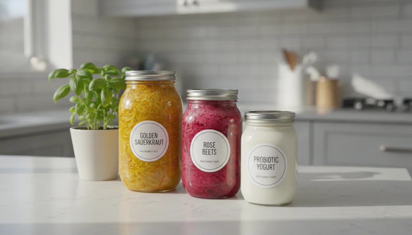 Three jars of safe fermented foods including sauerkraut, beets, and yogurt with fresh herbs