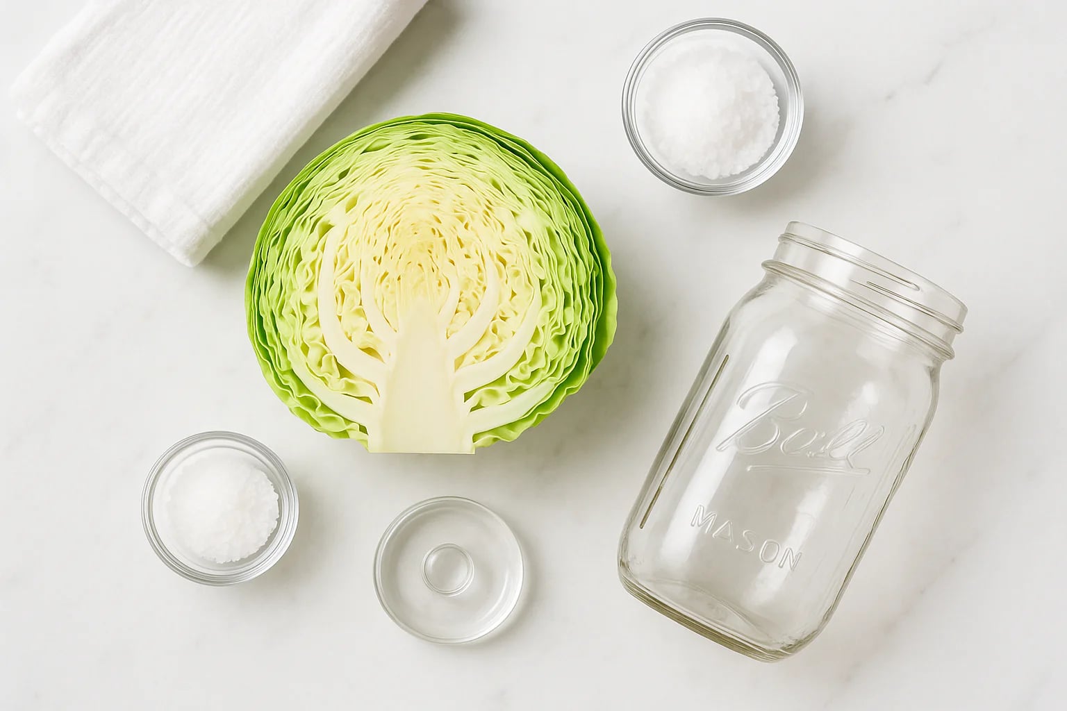 Fresh cabbage, salt, and clean fermentation jar arranged on marble surface