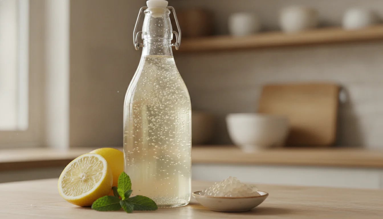 Bottle of sparkling water kefir with lemon and mint on wooden surface