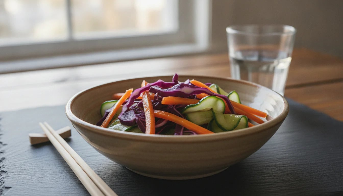 Bowl of colorful fermented vegetables with chopsticks on slate surface