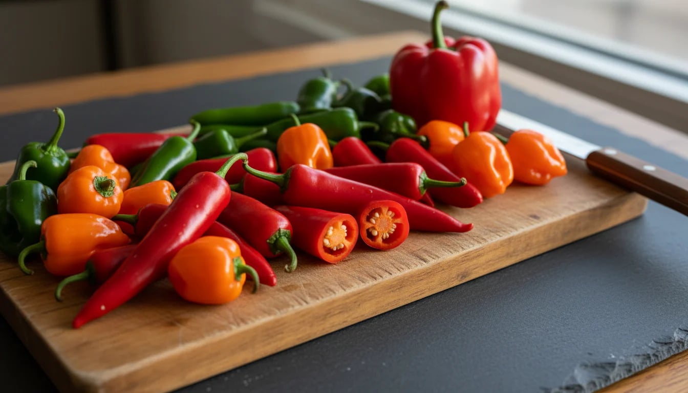 Variety of fresh hot peppers arranged on wooden cutting board