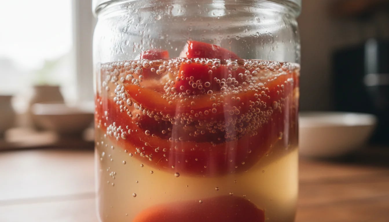 Close-up of fermenting peppers with visible bubbles in cloudy brine
