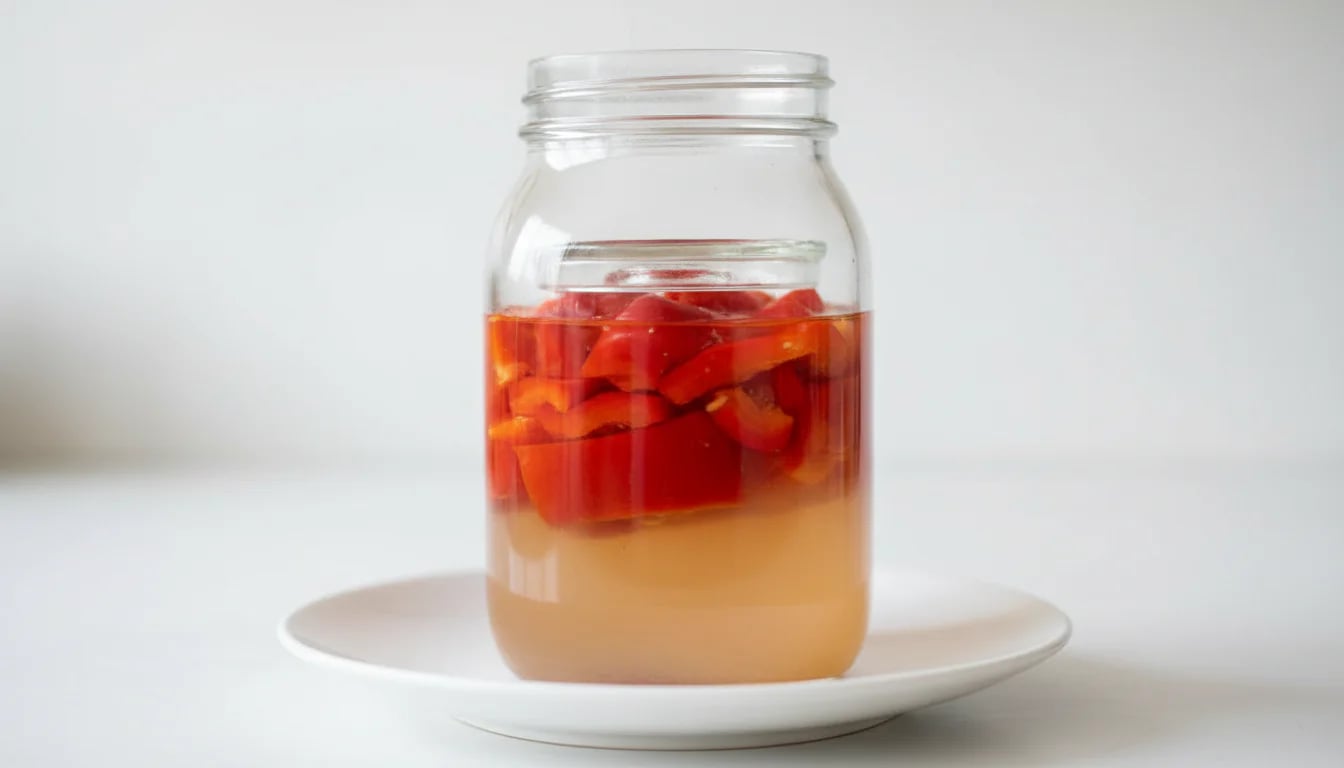 Side view of fermentation jar showing proper brine level and submerged peppers