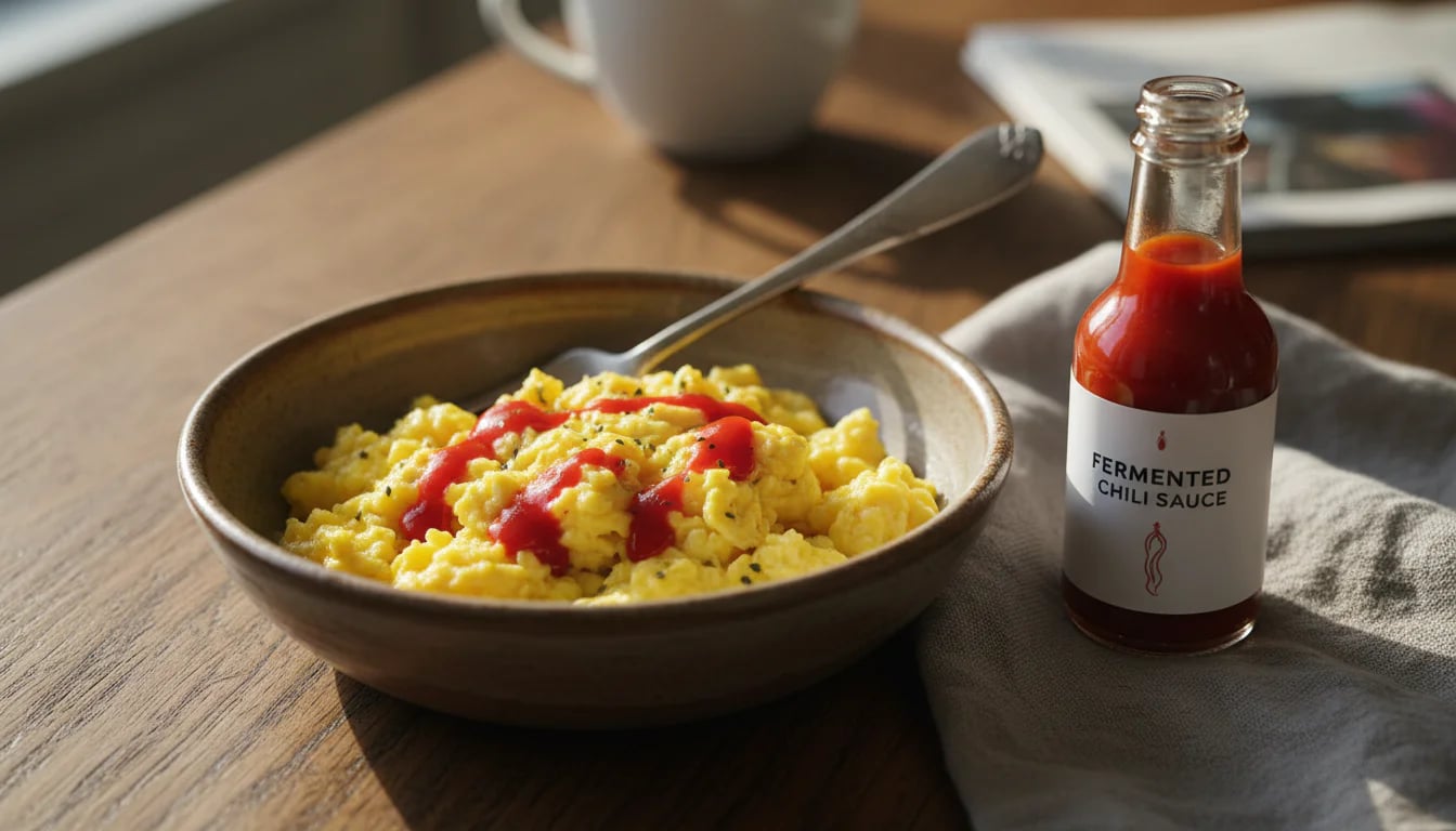 Scrambled eggs with fermented hot sauce drizzled on top