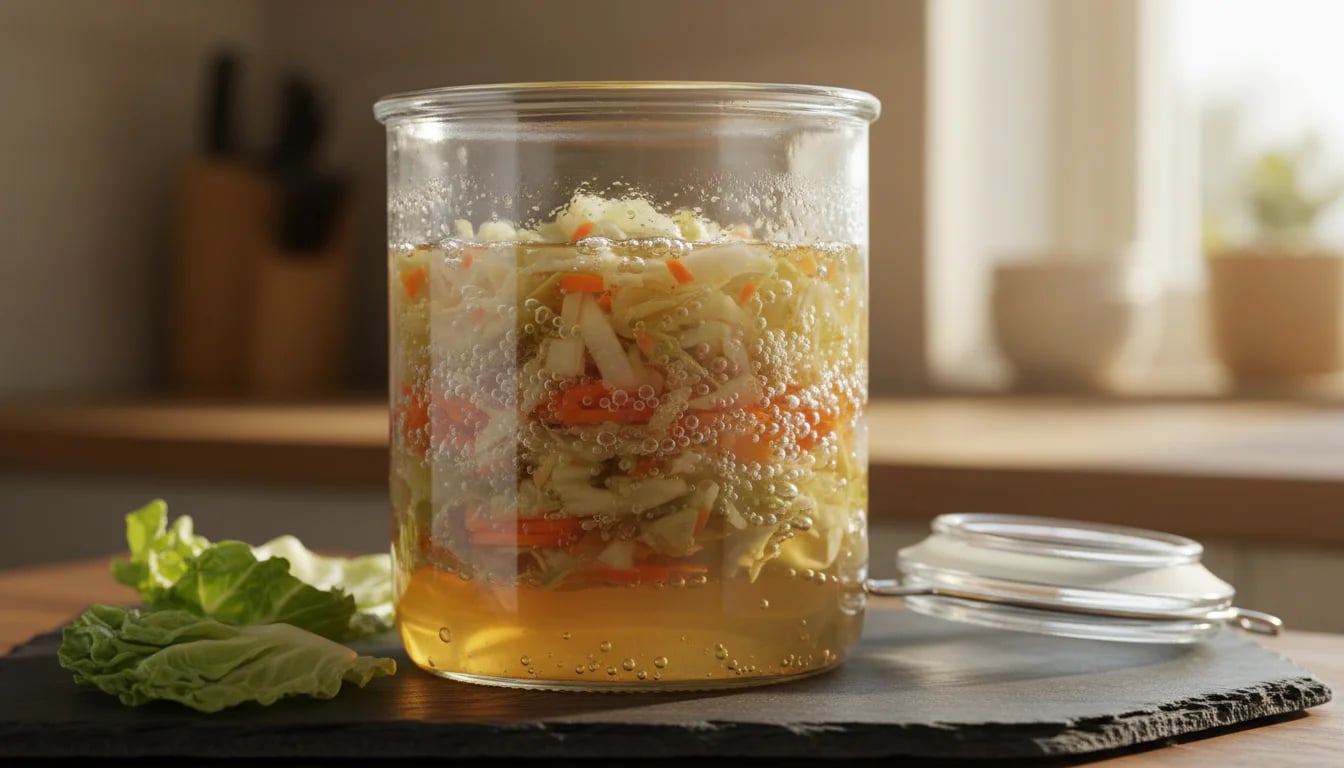 Glass jar of fermenting vegetables with visible bubbles showing active fermentation