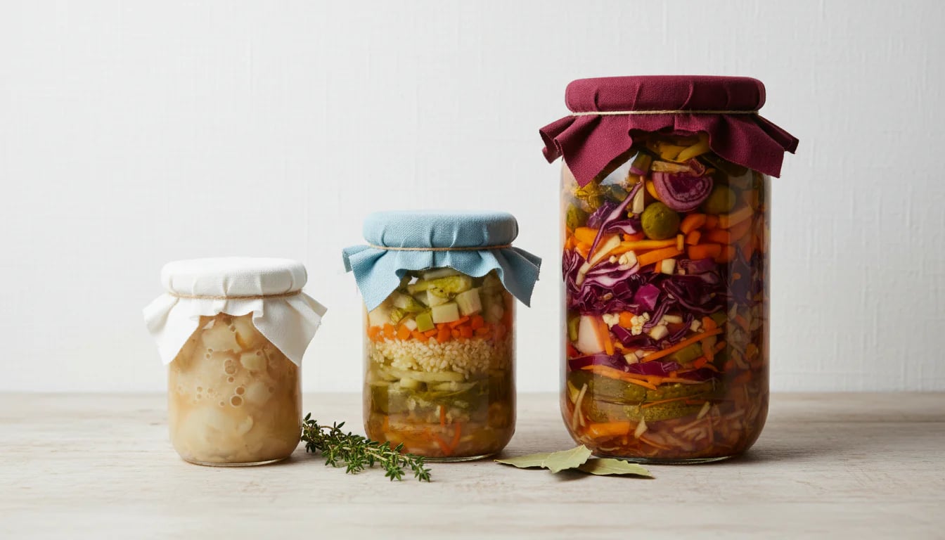 Three jars of fermented foods in increasing sizes representing microbiome development over time