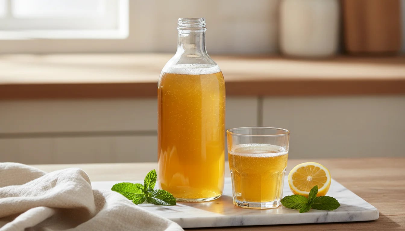 Bottle of golden kombucha with glass and fresh lemon on marble surface