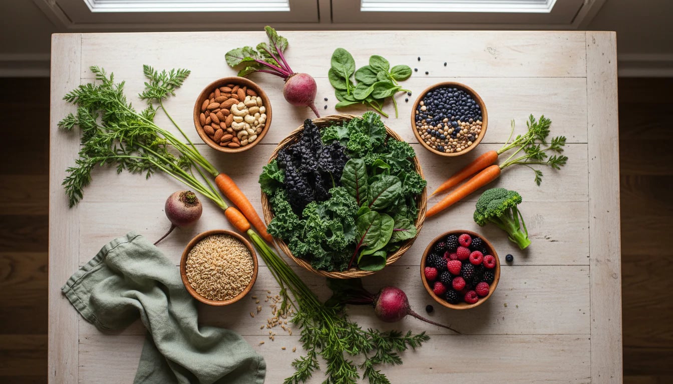Overhead arrangement of diverse plant foods including vegetables, nuts, beans, and grains