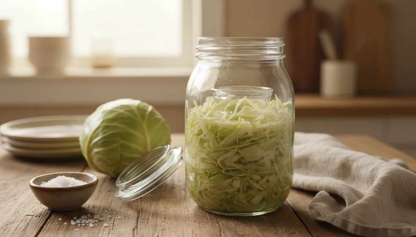 Mason jar with fresh cabbage and salt ready for simple sauerkraut fermentation