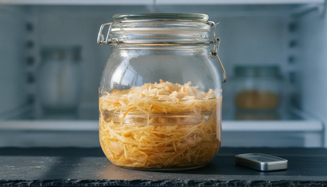 Glass jar of sauerkraut with brine completely covering vegetables