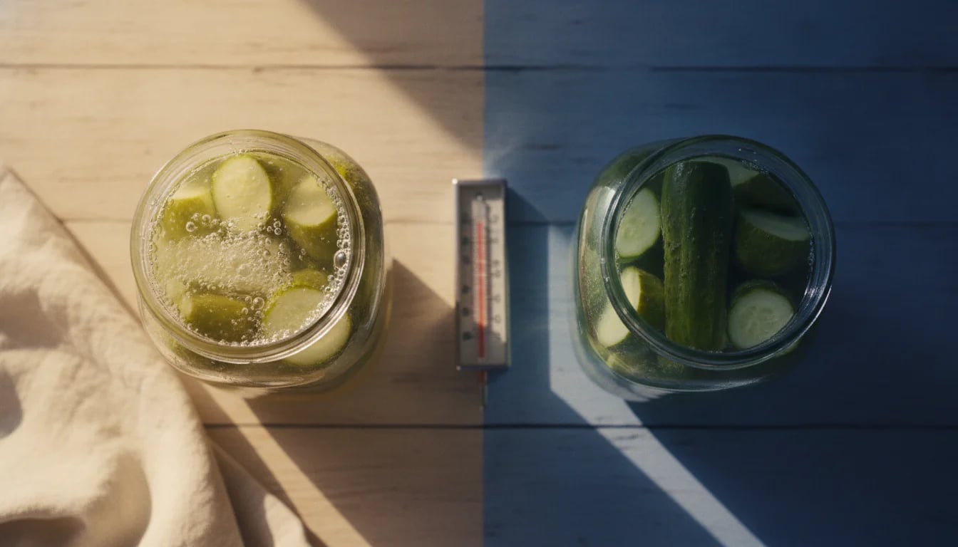 Two jars of fermenting pickles showing temperature contrast effects