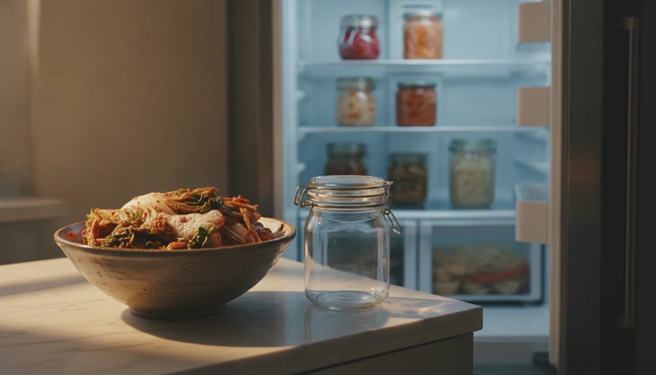 Bowl of fresh kimchi beside open refrigerator ready for storage