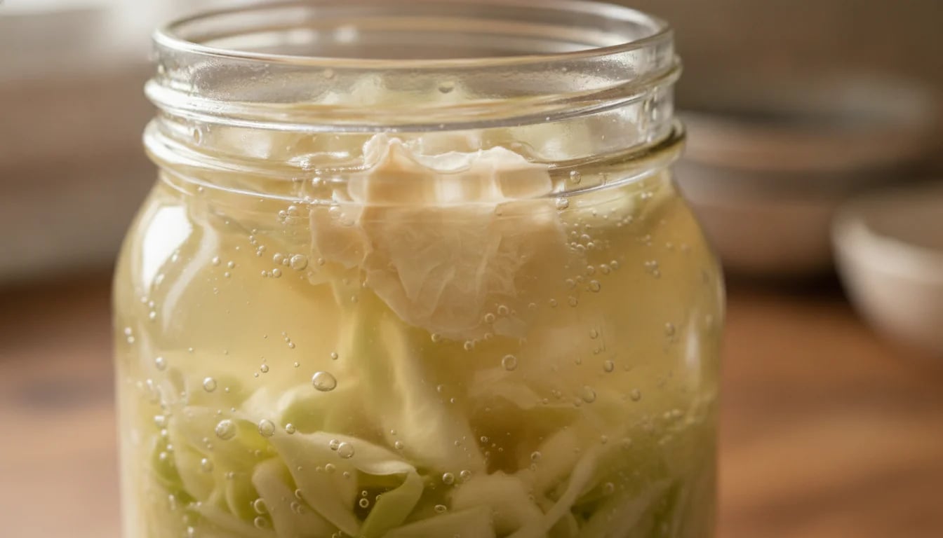 Close-up of fermentation jar showing bubbles and kahm yeast on surface