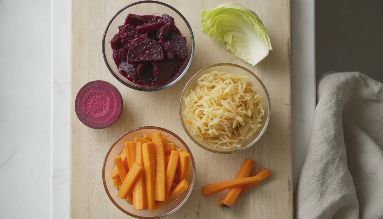 Three bowls showing different fermented vegetables: beets, sauerkraut, and carrots