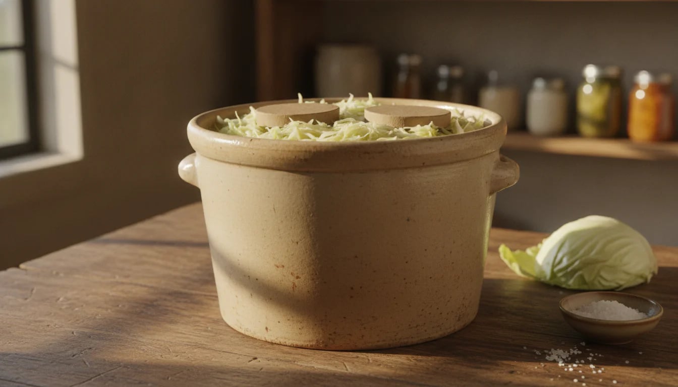 Traditional fermentation crock filled with cabbage on rustic wooden table