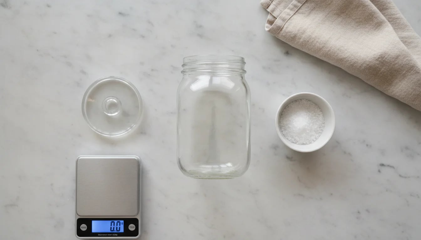 Overhead view of basic fermentation equipment including mason jar, weight, salt, and scale