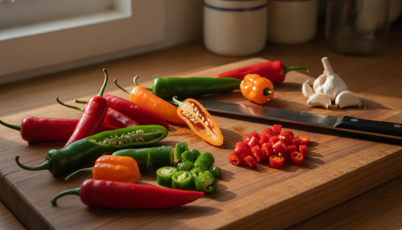 Colorful fresh chili peppers whole and cut on wooden cutting board