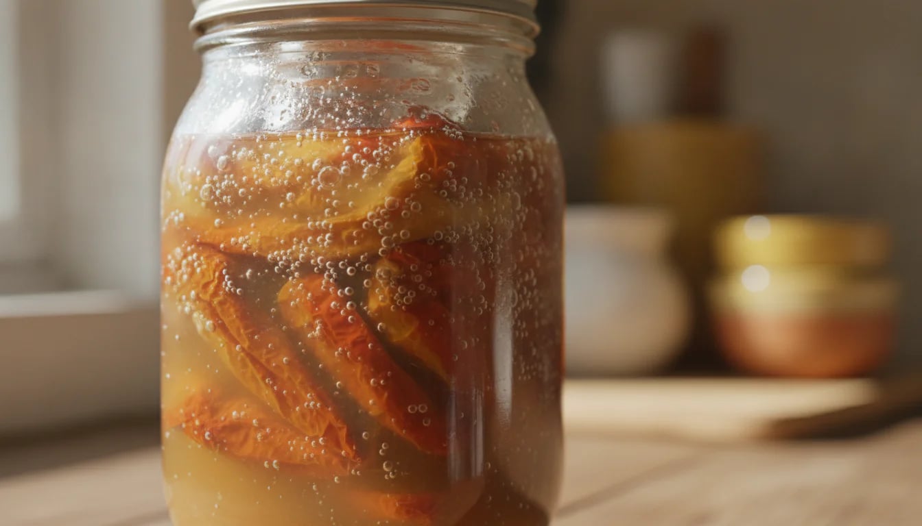 Mason jar showing active fermentation with bubbles rising through cloudy brine