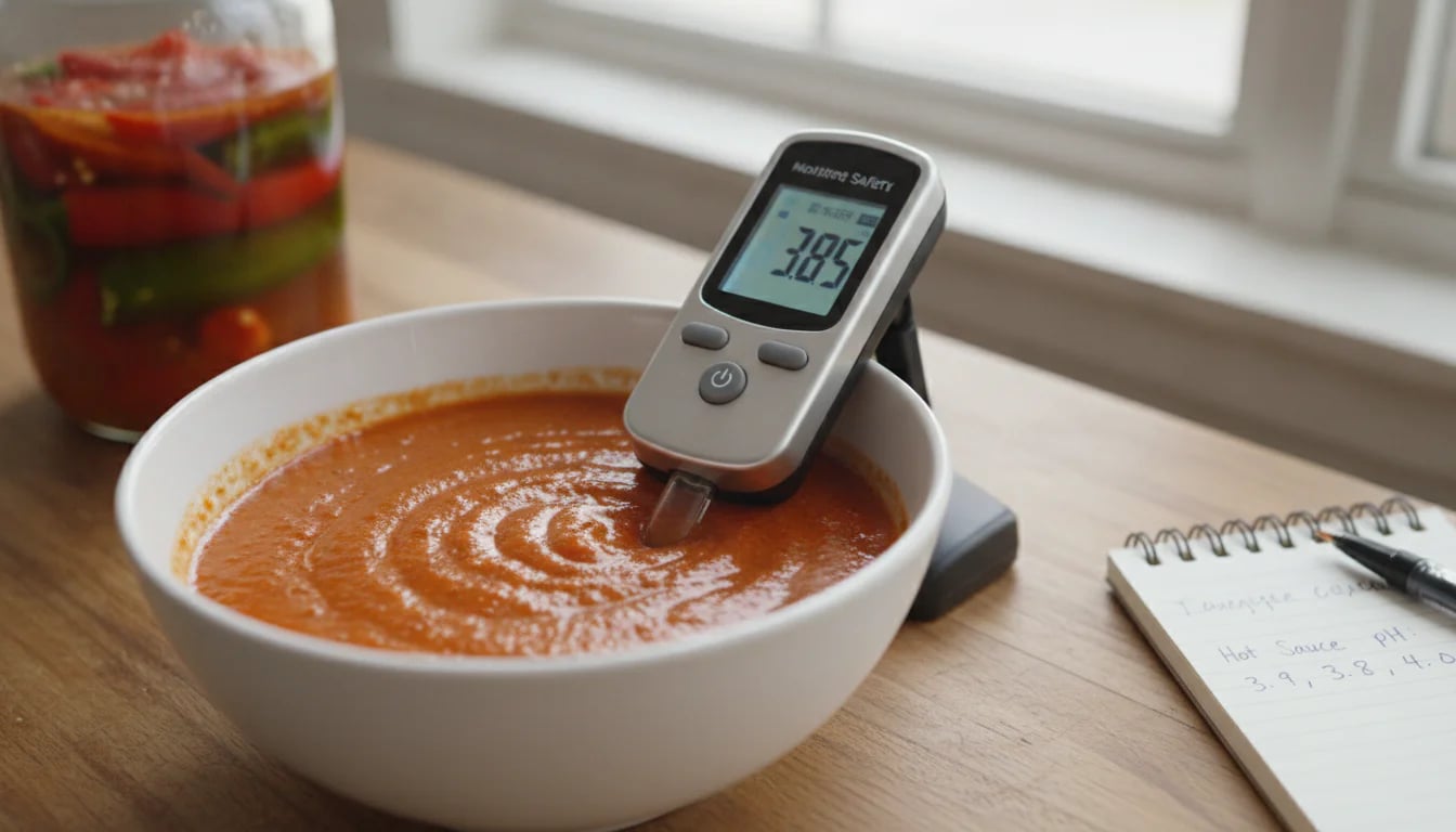 Digital pH meter testing fermented hot sauce in white dish