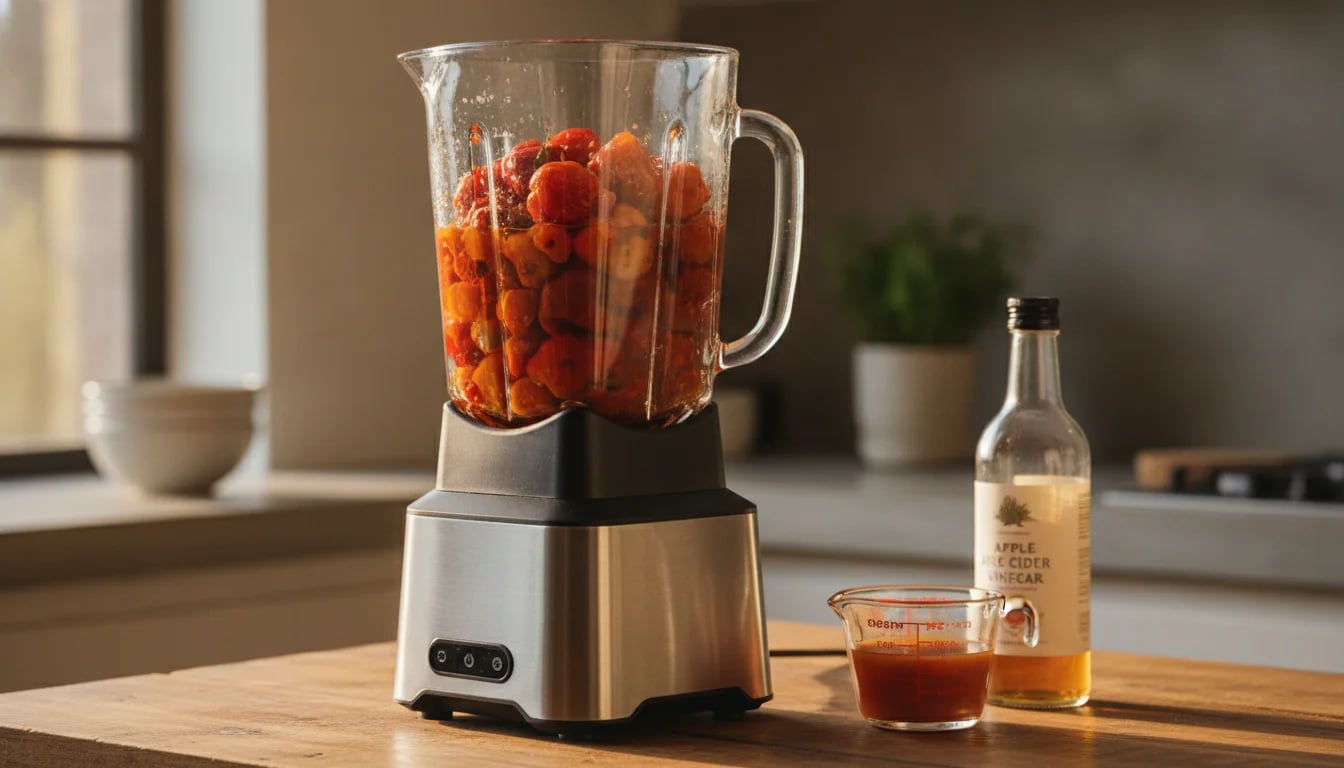 Blender filled with fermented peppers ready to be processed into hot sauce