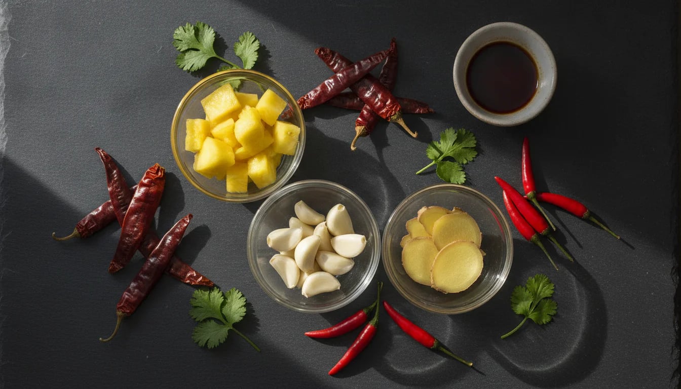 Overhead view of various hot sauce flavoring ingredients including pineapple, garlic, ginger, and chilies