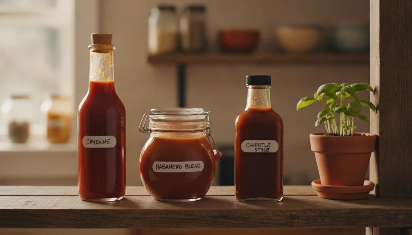 Three bottles of homemade fermented hot sauce in different colors on wooden shelf