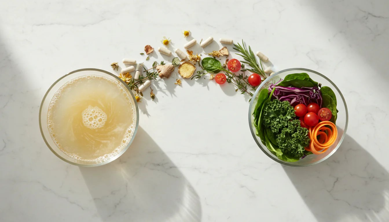 Two bowls of fermented foods and fresh vegetables arranged to suggest connection
