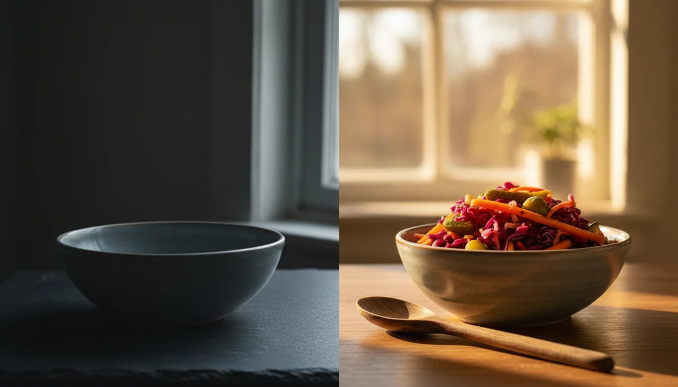 Contrast between empty bowl in shadow and colorful fermented vegetables in warm light