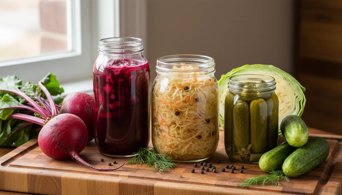 Three jars of different fermented foods with fresh ingredients on wooden cutting board