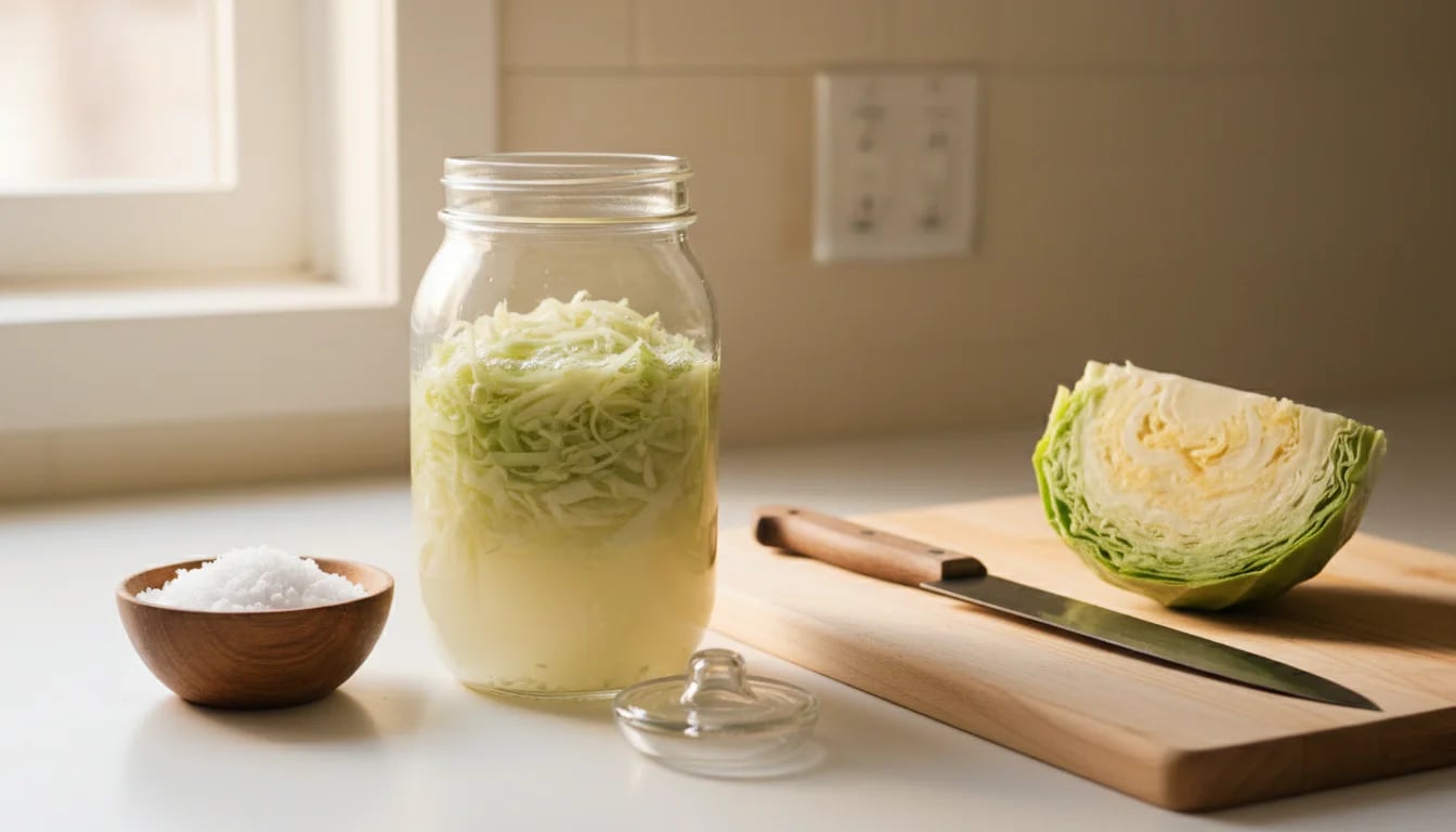 Simple fermentation setup with mason jar, cabbage, and basic kitchen tools