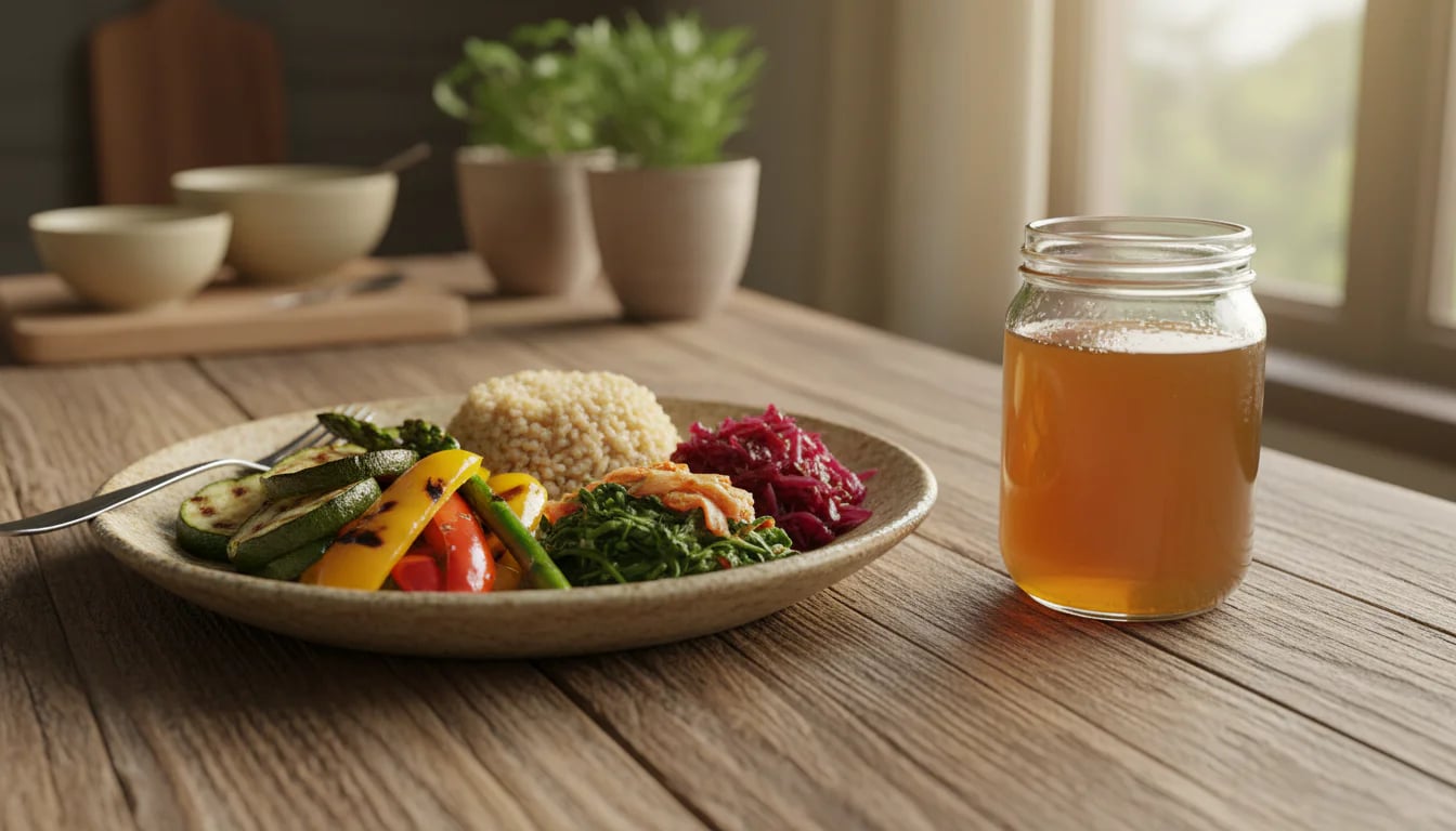 Balanced meal with fermented vegetables and kombucha on rustic wooden table