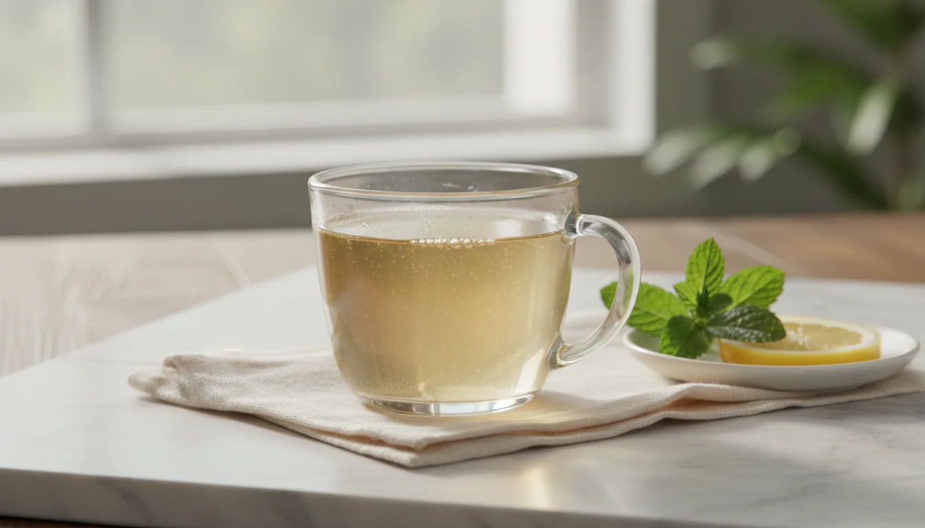 Glass teacup of pale golden jun tea with gentle bubbles, mint sprig, and lemon slice on marble surface