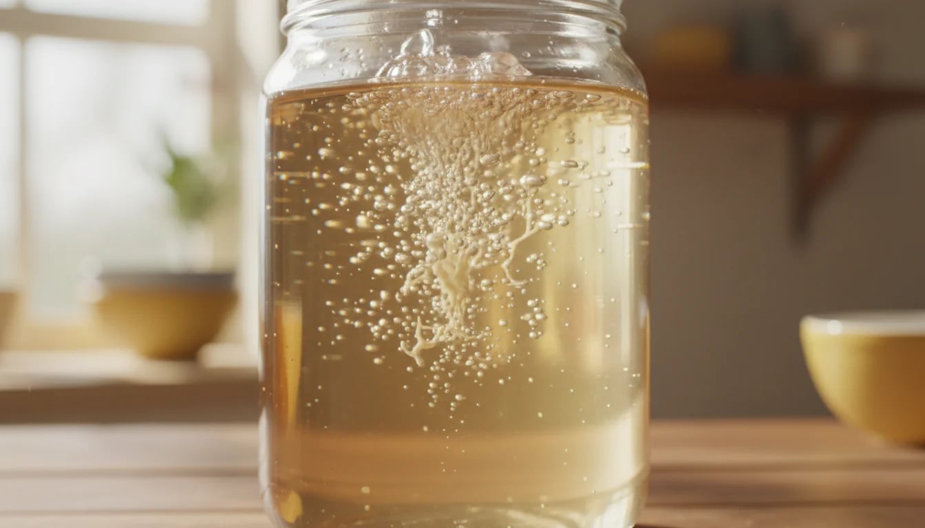 Close-up of jun tea showing active fermentation bubbles and developing SCOBY layer