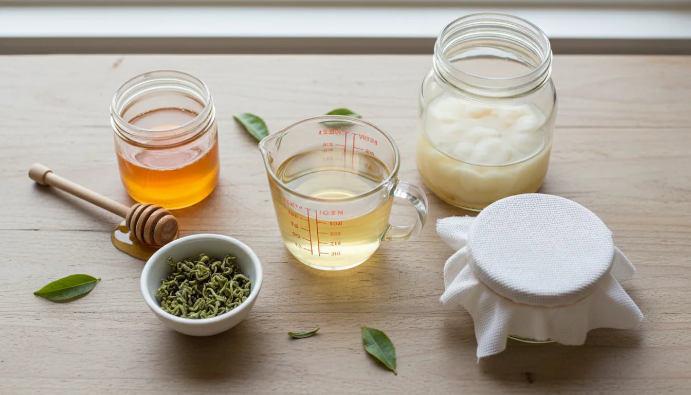 Overhead view of jun brewing ingredients: green tea, raw honey, SCOBY, jar, and cloth cover