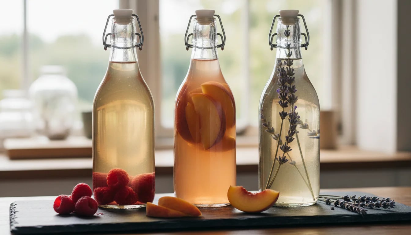 Three glass bottles of jun tea with different fruit and herb infusions for second fermentation