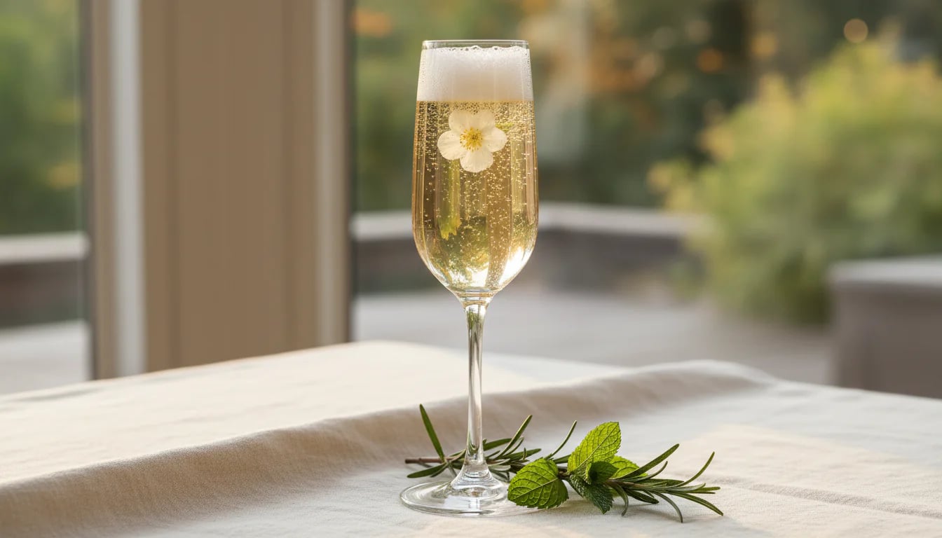 Champagne flute filled with sparkling jun tea and edible flower on linen tablecloth