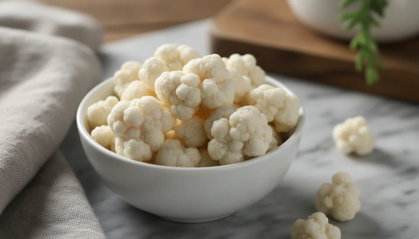 Close-up of kefir grains in white bowl showing their clustered structure