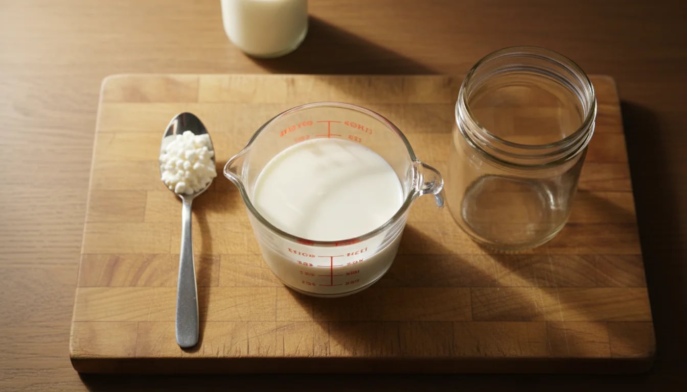 Overhead view of milk, kefir grains, and jar showing feeding ratio