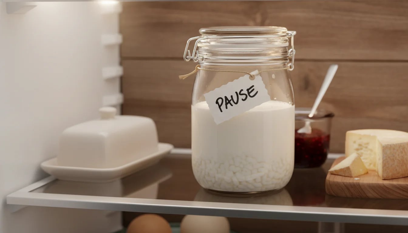 Jar of kefir grains in milk stored on refrigerator shelf