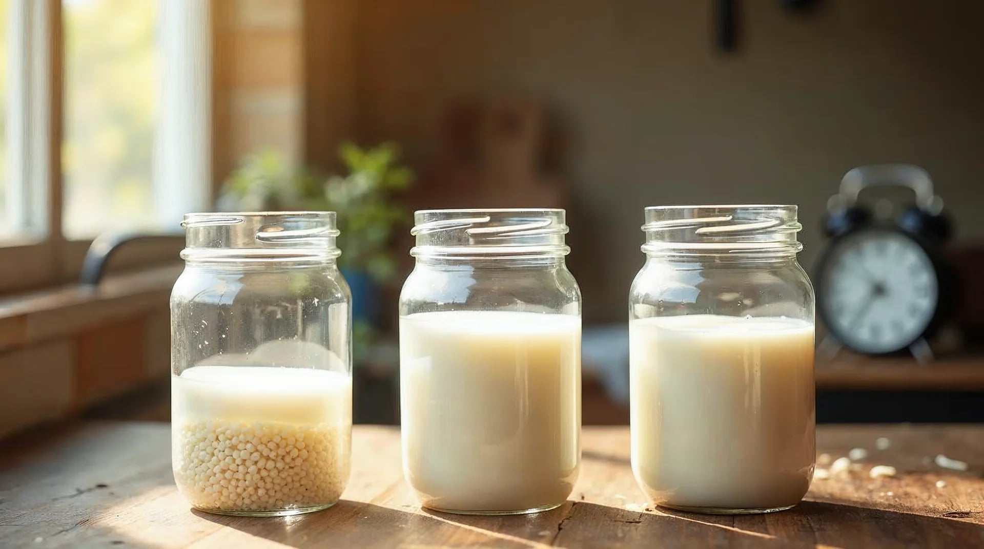 Three jars showing progression of kefir grain revival over time