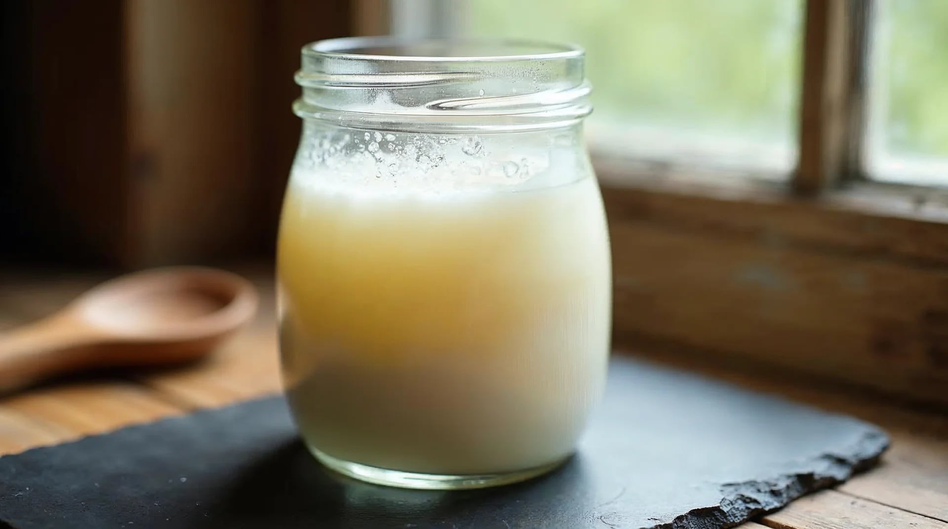 Jar of thickened kefir showing proper fermentation with slight whey separation