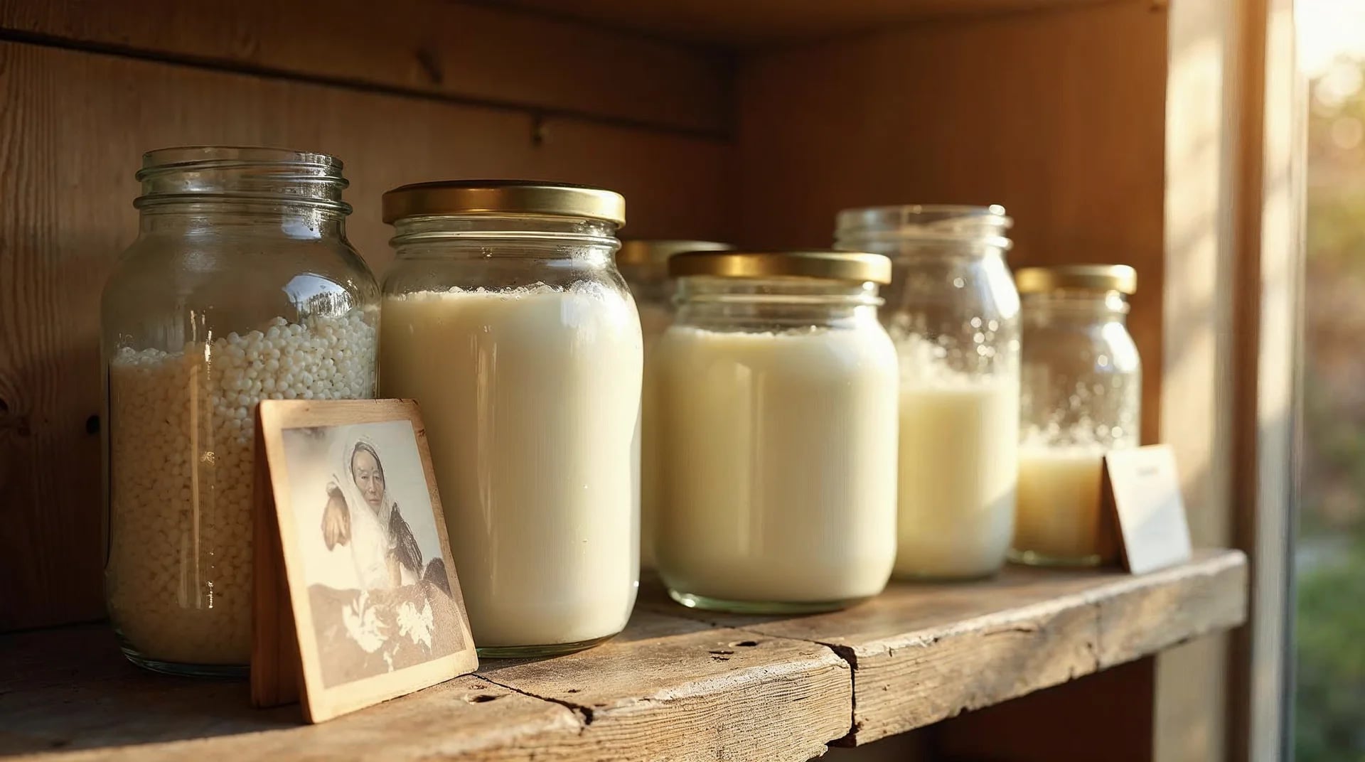 Collection of kefir jars on vintage shelf with old photograph