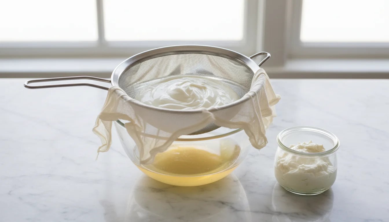 Yogurt straining setup showing whey separating from thick labneh in cheesecloth