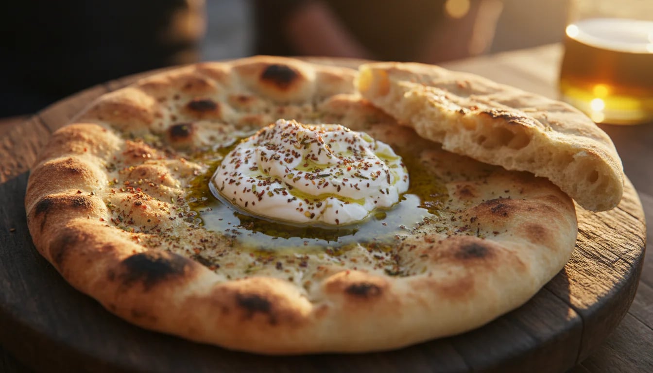 Fresh saaj bread topped with labneh, olive oil, and za'atar on wooden board