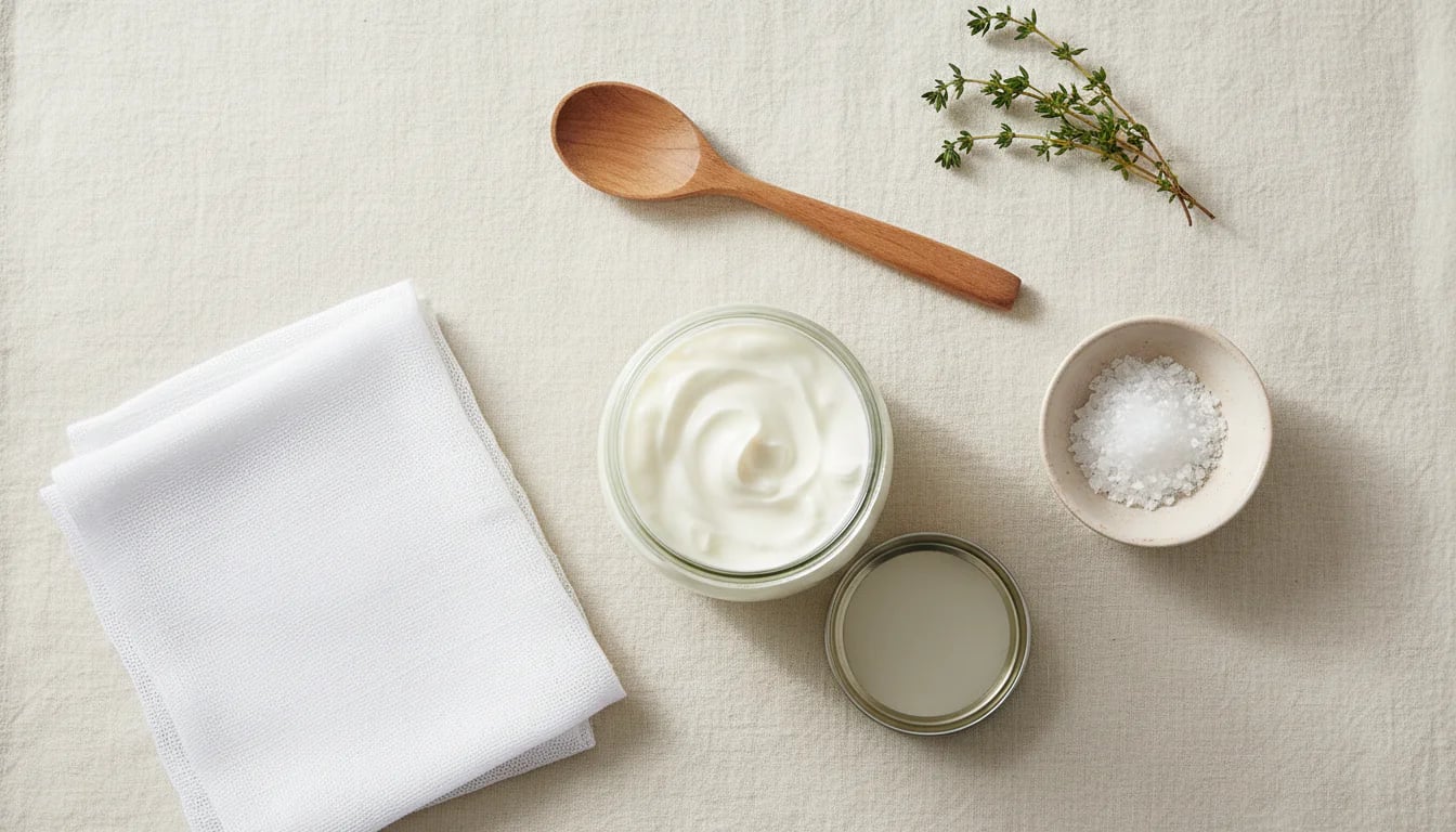 Overhead view of yogurt jar, cheesecloth, and salt arranged on linen surface