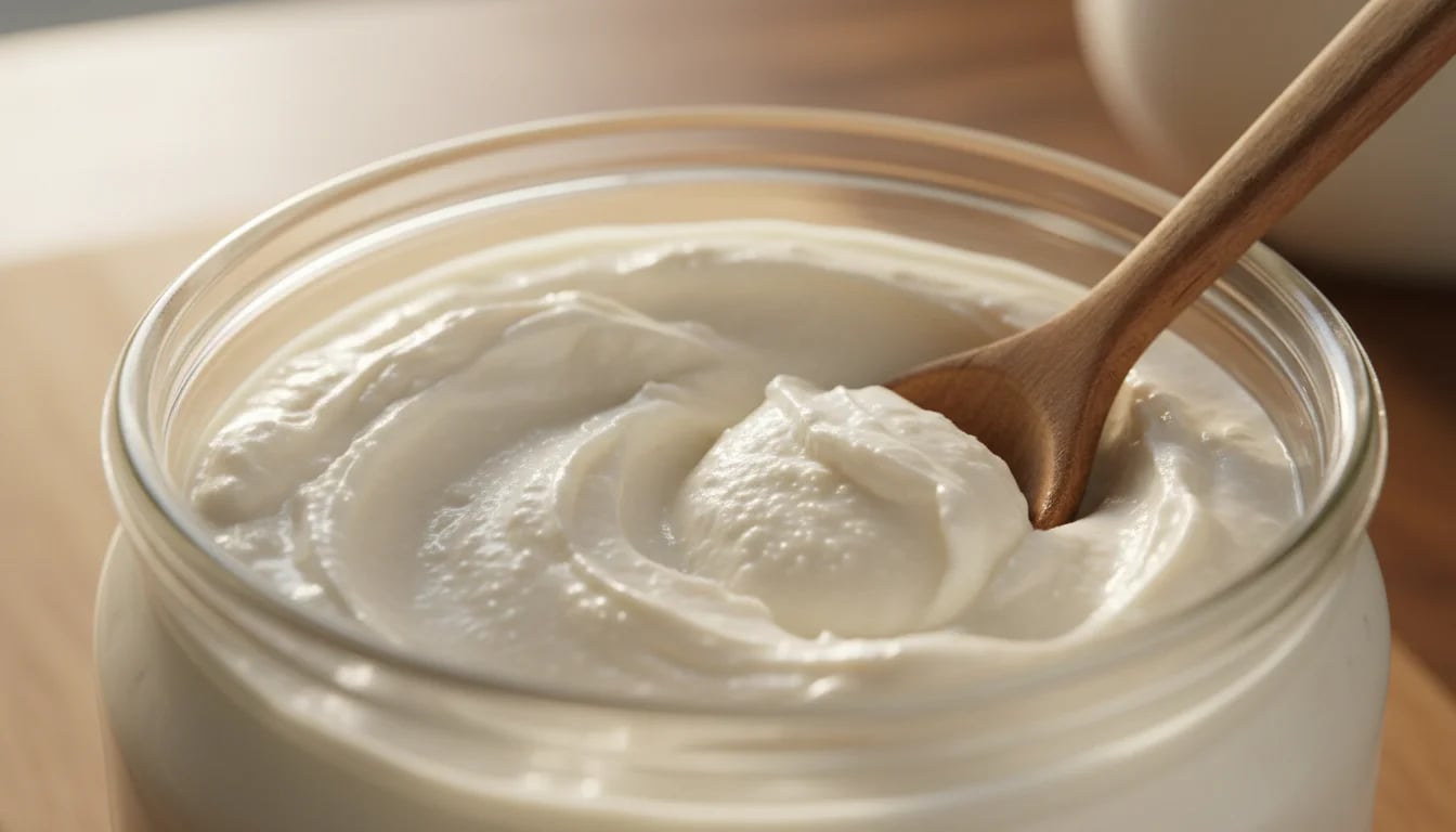 Close-up of thick, creamy labneh texture in glass jar with wooden spoon