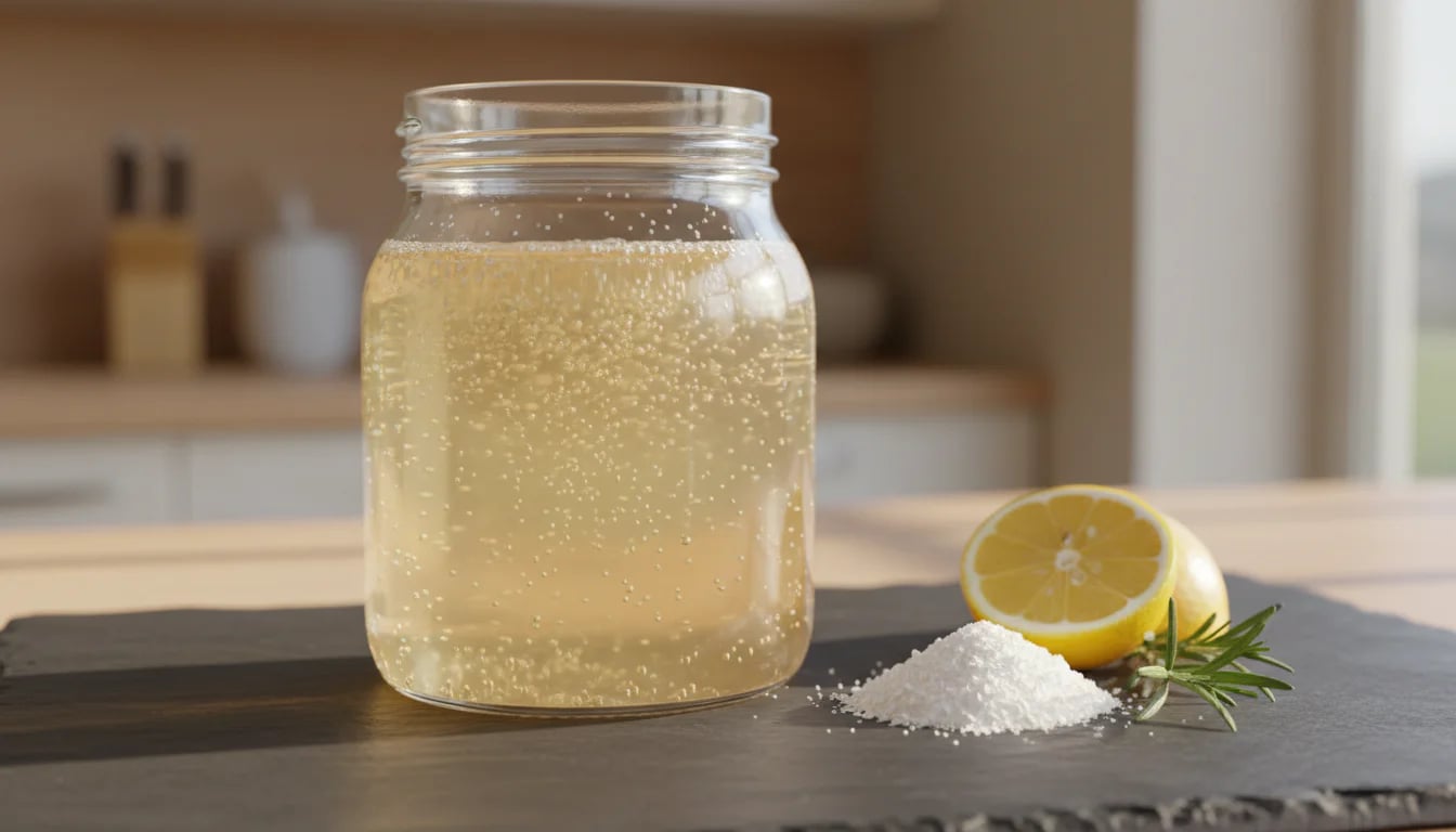 Glass jar with amber liquid and bubbles surrounded by magnesium flakes and fresh herbs